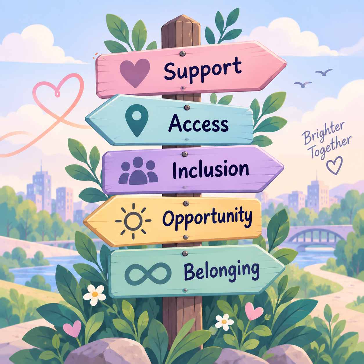 Accessibility and inclusive support signpost representing access, inclusion, support, opportunity and belonging