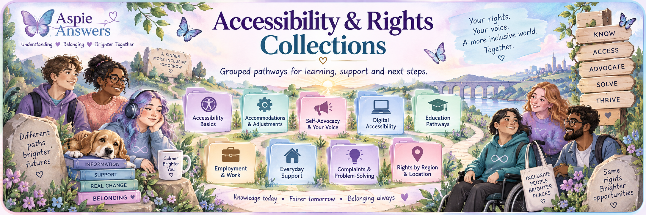 Accessibility and Rights Collections from Aspie Answers, showing grouped pathways for accessibility basics, accommodations, self-advocacy, digital access, education, employment, everyday support, complaints and regional rights.