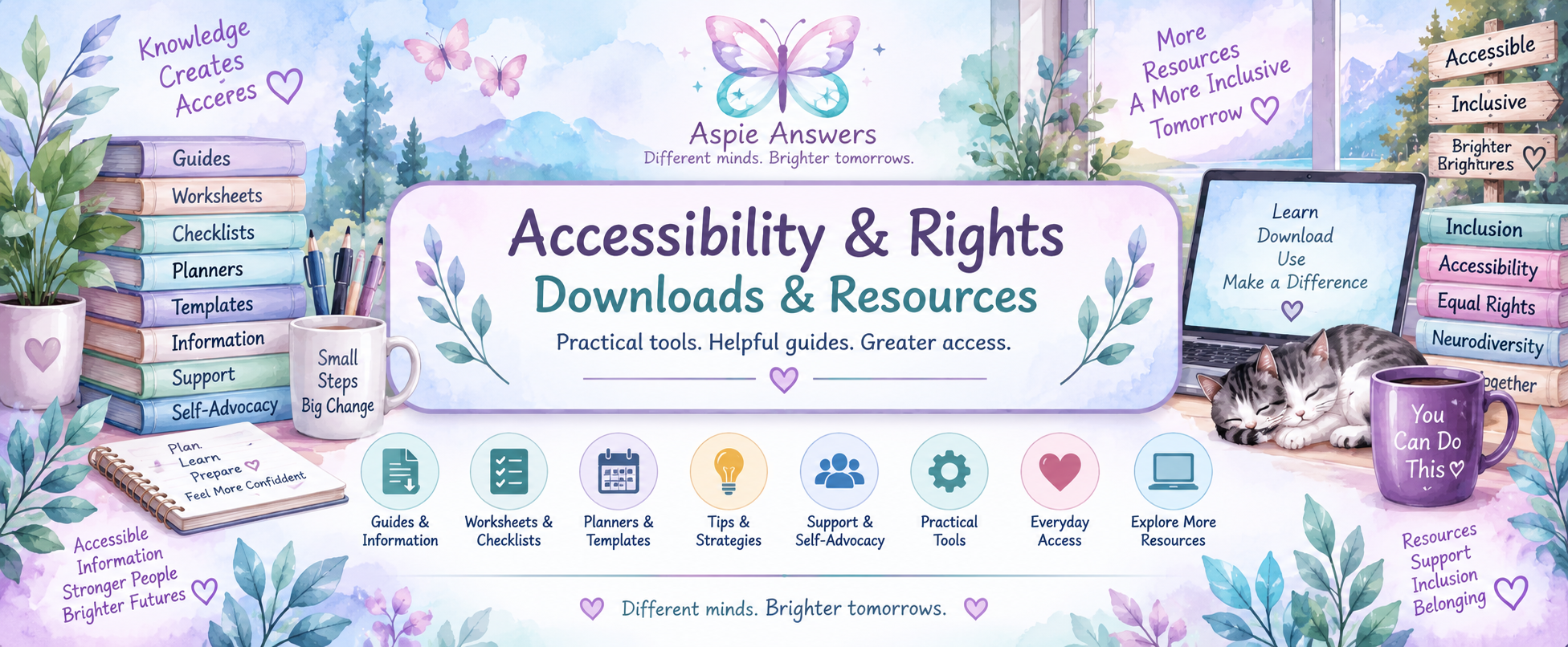 Accessibility and Rights Downloads and Resources from Aspie Answers, including guides, worksheets, planners, practical tools and self-advocacy resources.