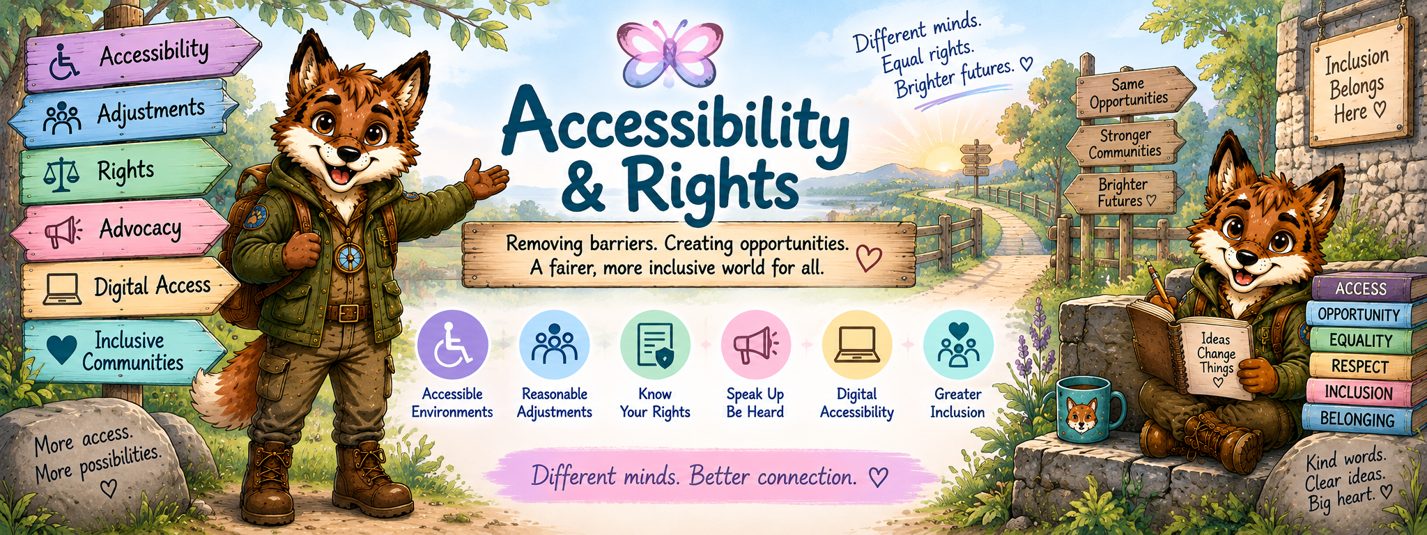 Accessibility and Rights Hub with Finn Fox, accessible pathways, adjustments, rights, advocacy, digital access and inclusive communities