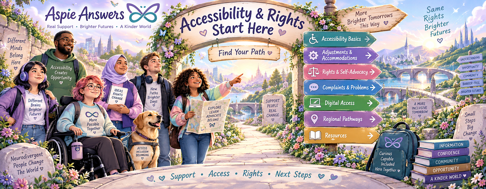 Accessibility and Rights Start Here pathway with inclusive people and signposts for accessibility basics, accommodations, self-advocacy, complaints, digital access, regional pathways and resources