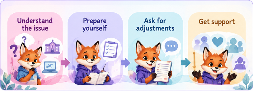 Illustrated accessibility support pathway moving from understanding the issue to preparing, asking for adjustments and getting support