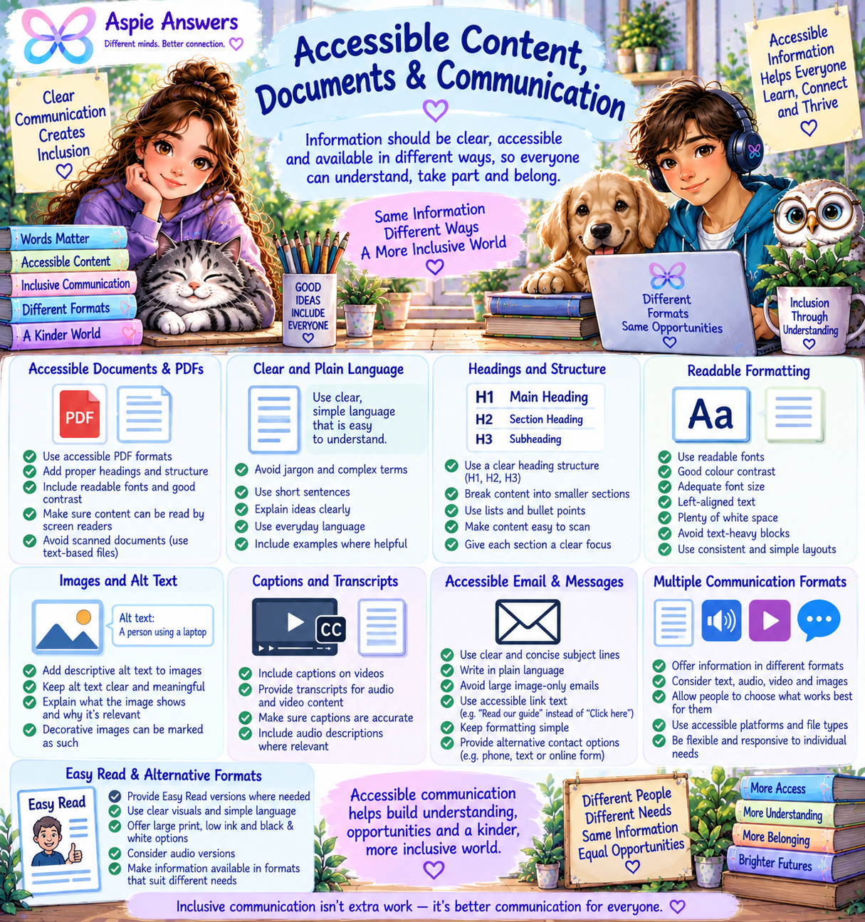 Accessible Content, Documents and Communication infographic covering accessible PDFs, plain language, headings, readable formatting, alt text, captions, communication choices and alternative formats.