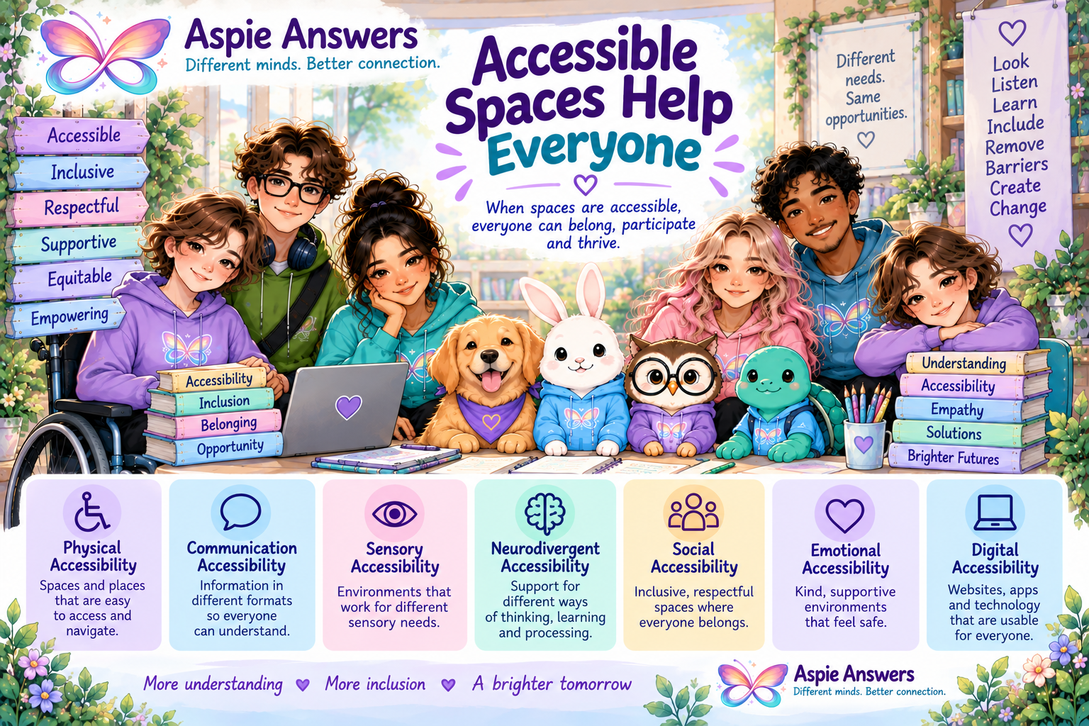 Accessible spaces help everyone, illustrating physical, sensory, communication, neurodivergent, social, emotional and digital accessibility.