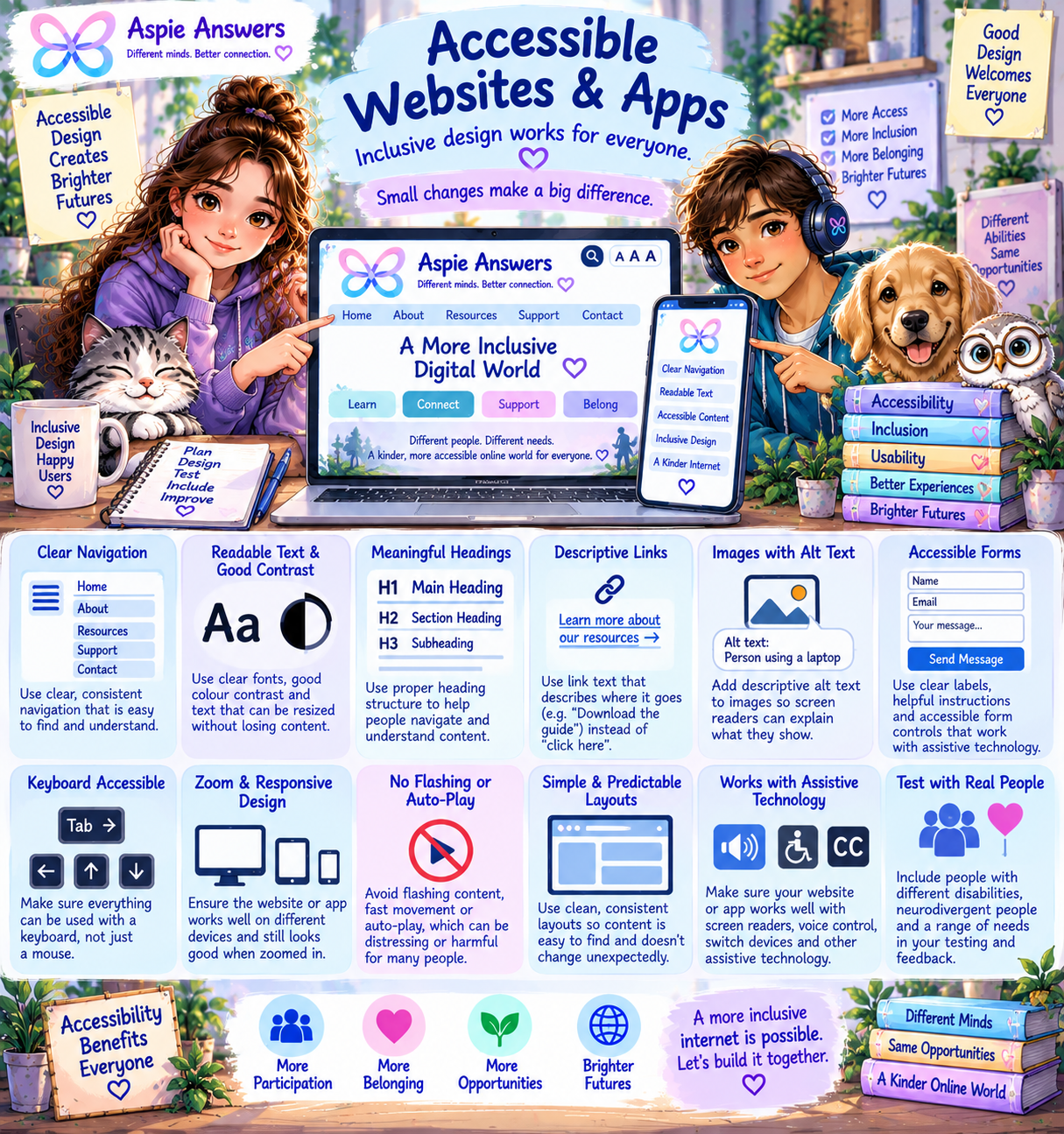 Accessible Websites and Apps infographic showing practical inclusive design features such as navigation, readable text, headings, alt text, keyboard access, responsive design and testing.