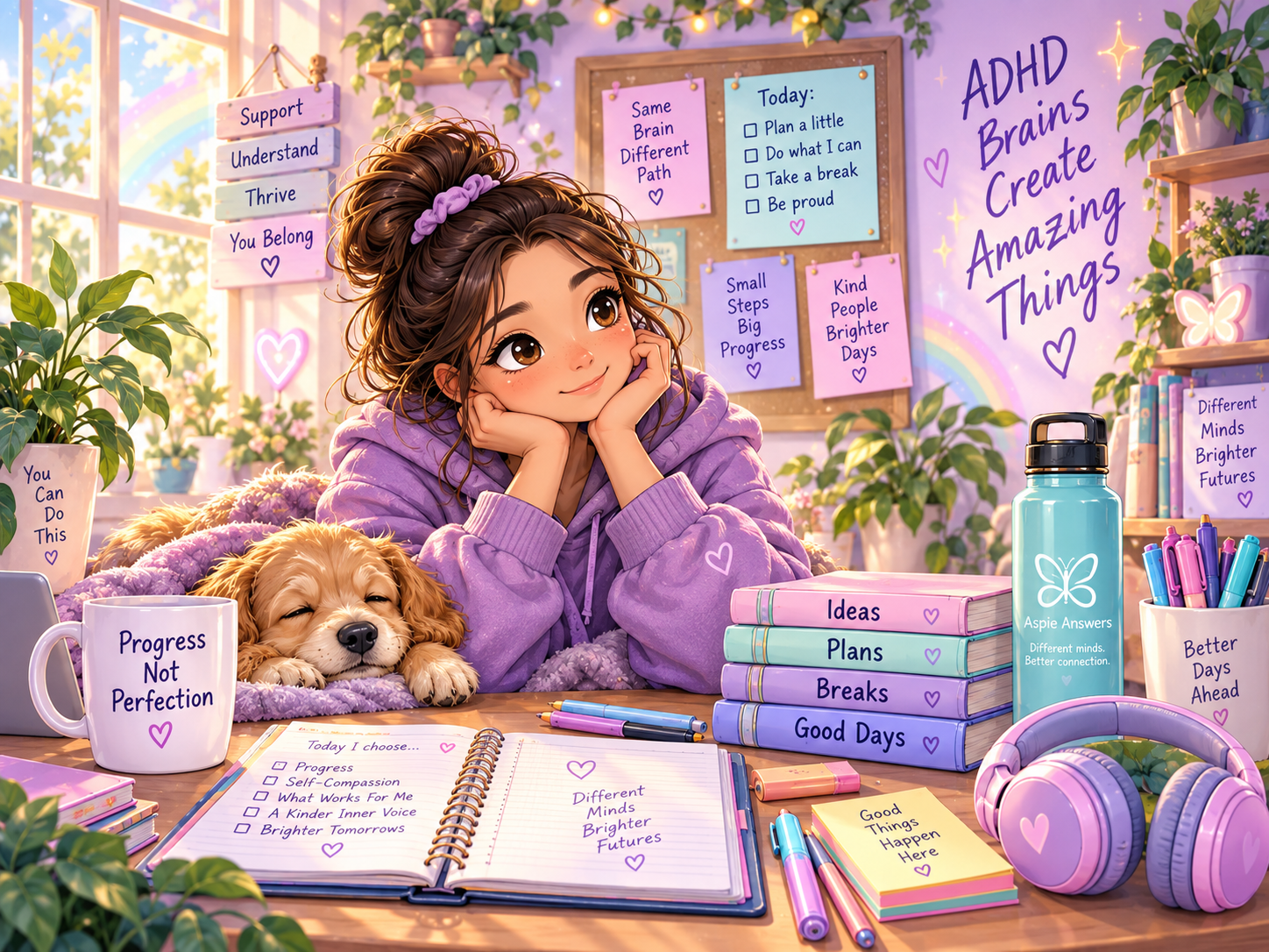Calm ADHD-friendly planning space with visual reminders, a notebook, timer, headphones and flexible organisation tools
