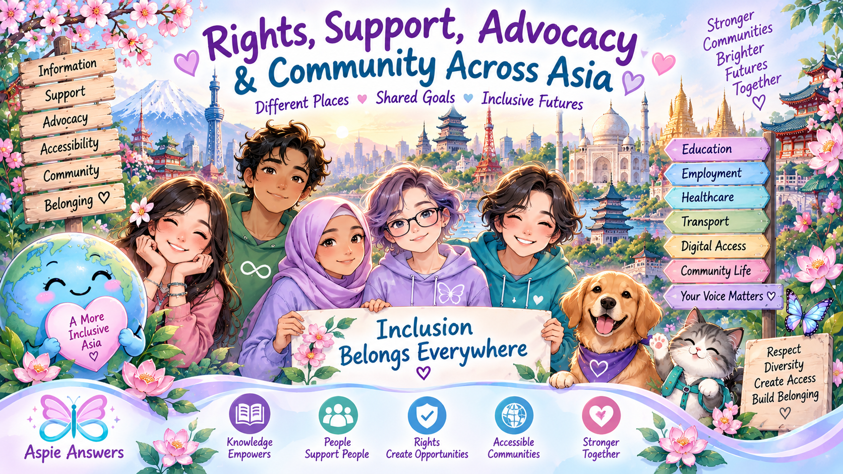 Rights, support, advocacy and community across Asia, including education, employment, healthcare, transport, digital access and community inclusion.
