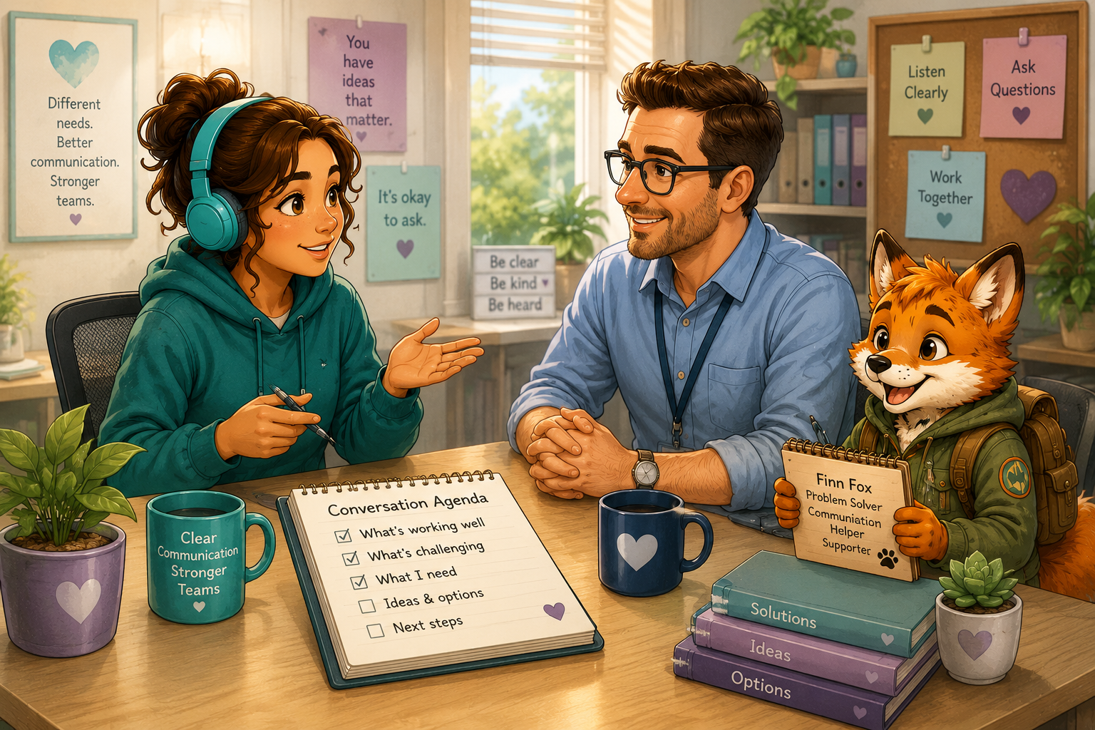 Inclusive workplace conversation about asking for support, featuring Finn Fox
