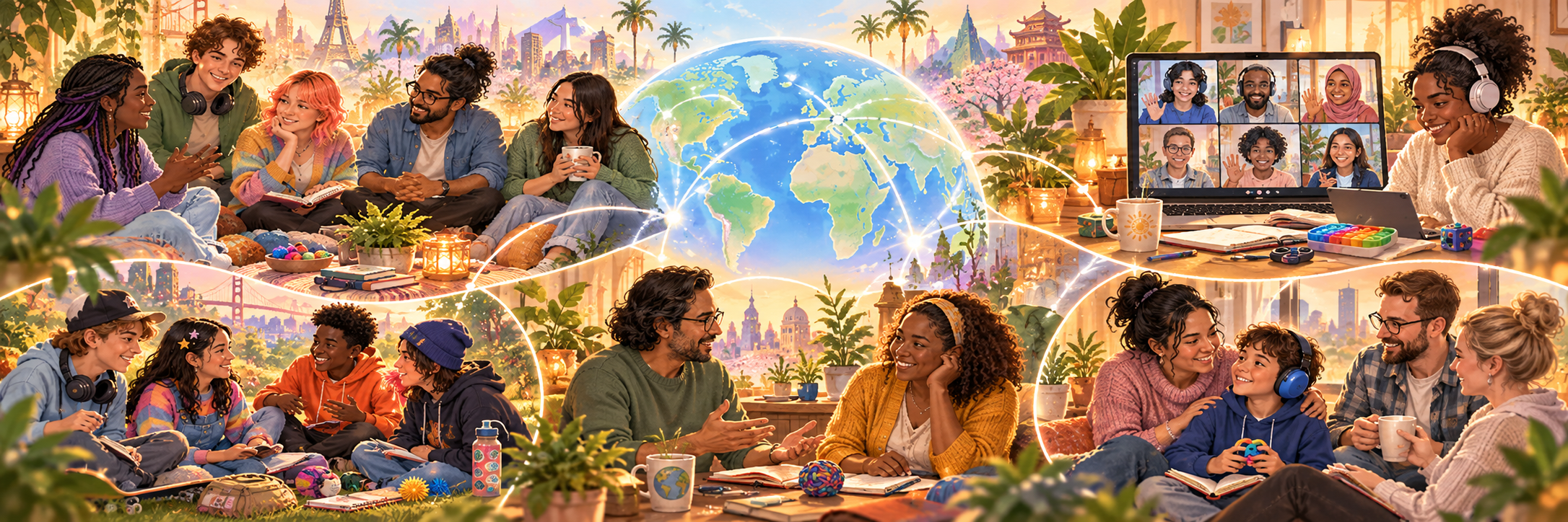 Worldwide ADHD community and peer-support overview showing people connecting through in-person and online groups.