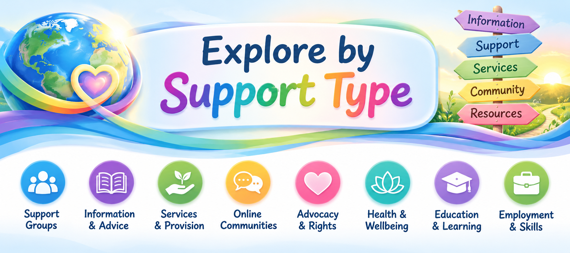 Explore by Support Type — organisations, services, community, advocacy, learning, work and resources