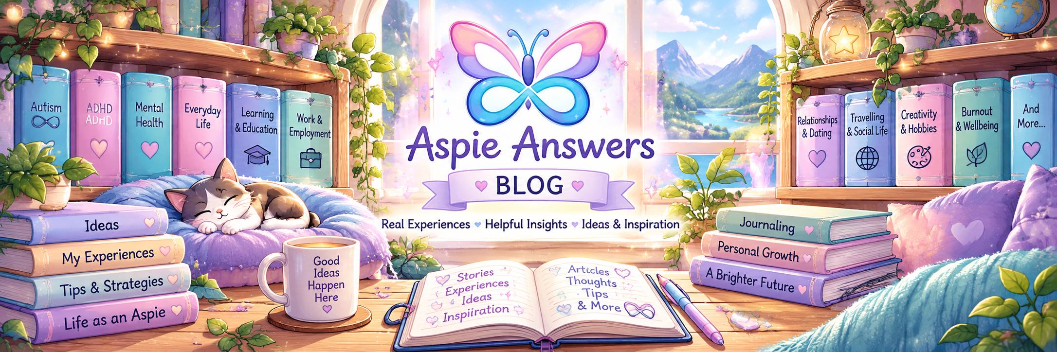 Aspie Answers Blog illustrated mini library with pastel books representing autism, ADHD, mental health, everyday life, relationships, travel, creativity and wellbeing.