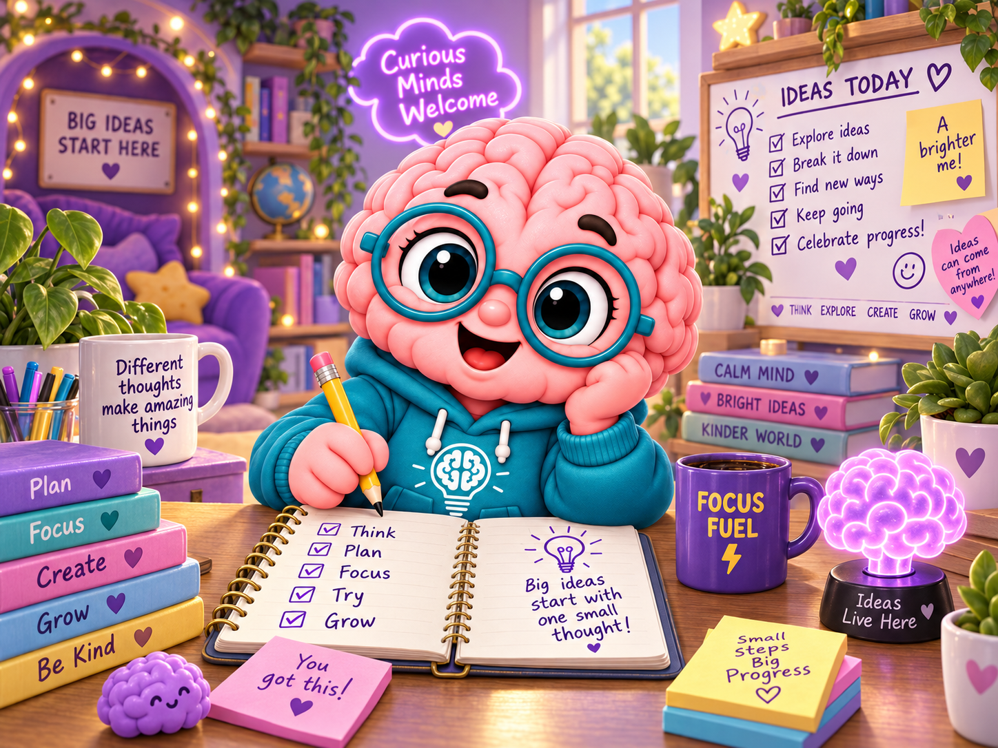 Buzzy Brain in the Idea Lab using a notebook and thinking tools for focus, planning and idea capture.