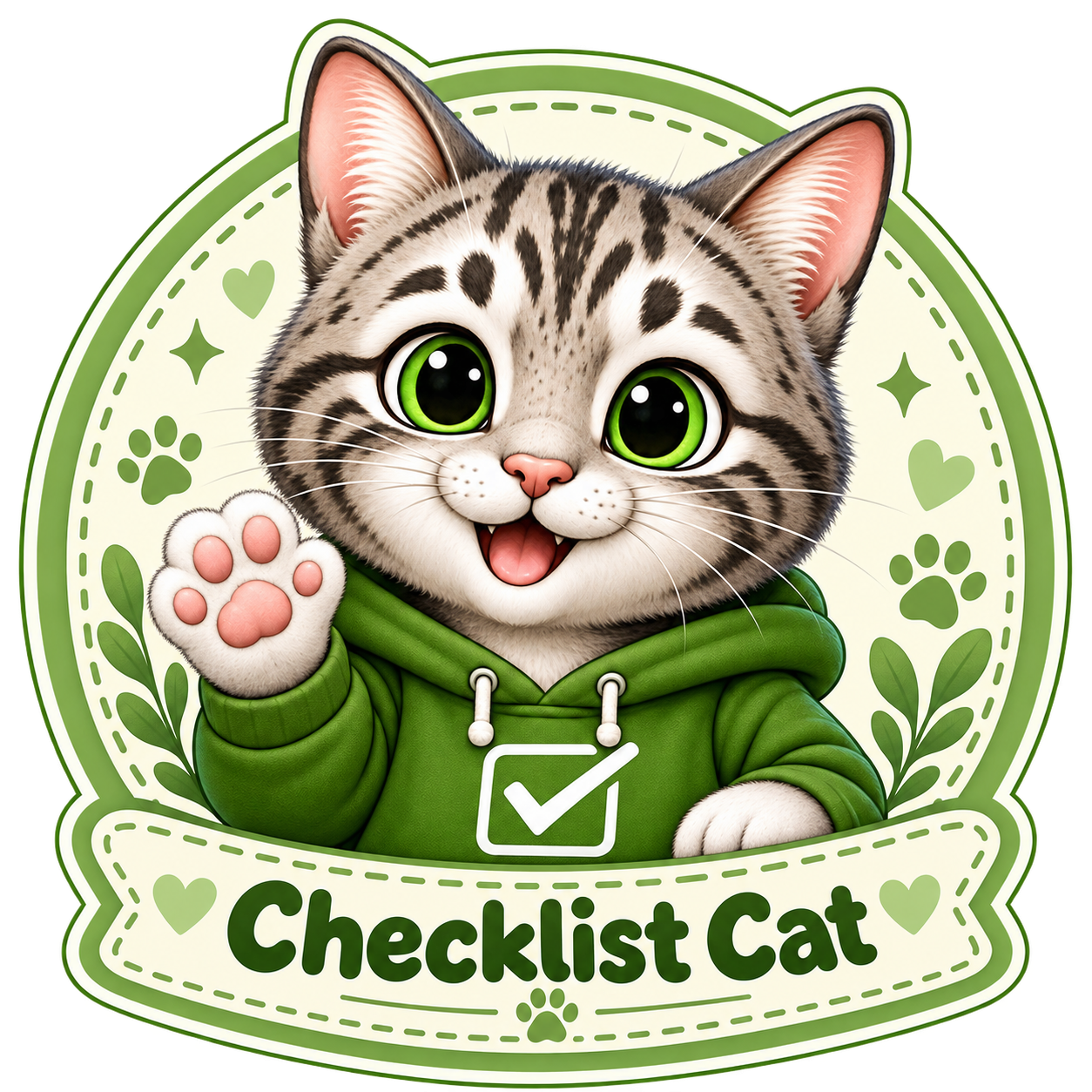 Checklist Cat profile badge featuring the grey tabby Companion in his green hoodie.