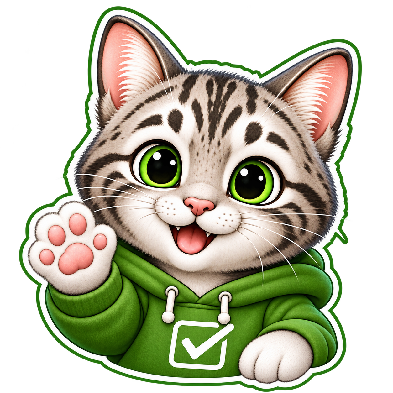 Checklist Cat, a grey tabby wearing his green hoodie and holding his checklist.