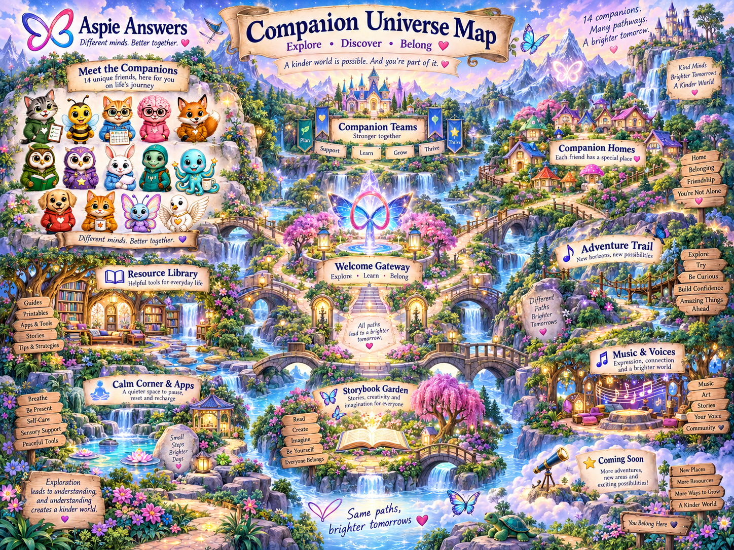 Illustrated Aspie Answers Companion Universe Map with connected fantasy districts representing learning, wellbeing, everyday life, employment, support, resources, accessibility, digital tools and future areas.