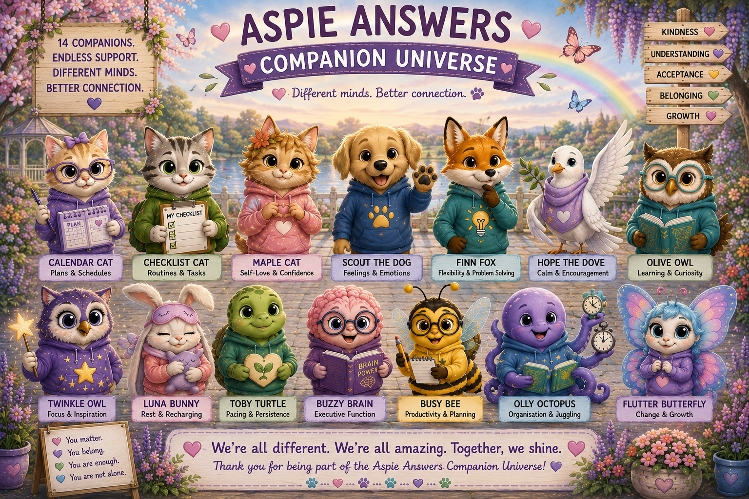 Aspie Answers Companion Universe group scene featuring the 14 Companions