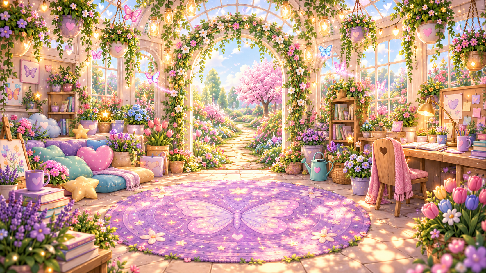 Flutter Butterfly’s Growth and Possibilities Garden, a bright pastel greenhouse with flowers, a butterfly rug, planning desk and calm reflection spaces.
