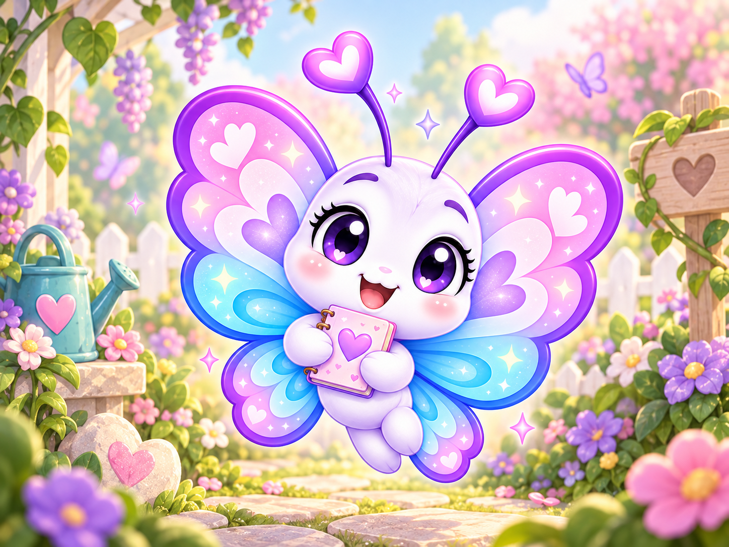 Flutter Butterfly in a bright flower garden holding a small heart notebook, representing gentle encouragement, growth and reflection.