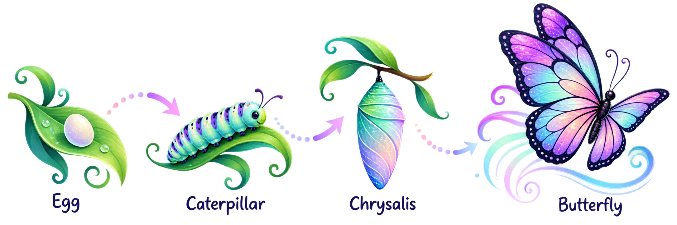 Butterfly life cycle from left to right: egg on a leaf, caterpillar, chrysalis and a fully emerged pastel butterfly.