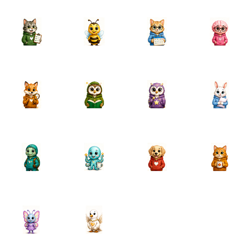 A clean grid of the 14 official Aspie Answers Companions in Reference Sheet V2.0 order: Checklist Cat, Busy Bee, Calendar Cat, Buzzy Brain, Finn Fox, Olive Owl, Twinkle Owl, Luna Bunny, Toby Turtle, Ollie Octopus, Scout Dog, Maple Cat, Flutter Butterfly and Hope Dove.