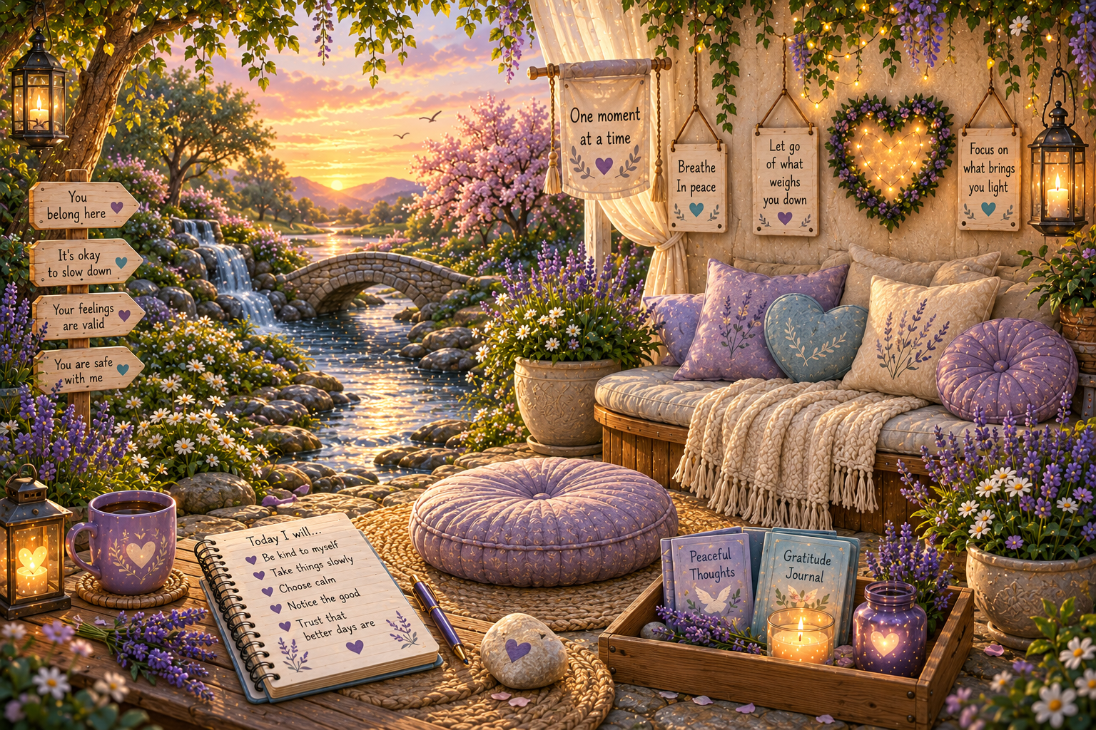 Hope’s Peaceful Haven, a lavender and cream garden retreat beside a flowing stream with soft seating, journals, lanterns and gentle reassurance signs.