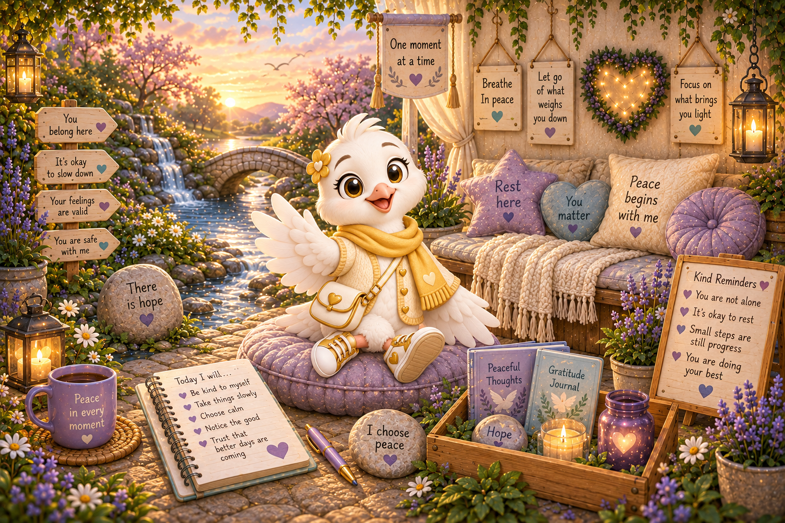 Hope the white dove with soft-gold details resting in the Peaceful Haven, surrounded by gentle reminders, lavender and warm light.