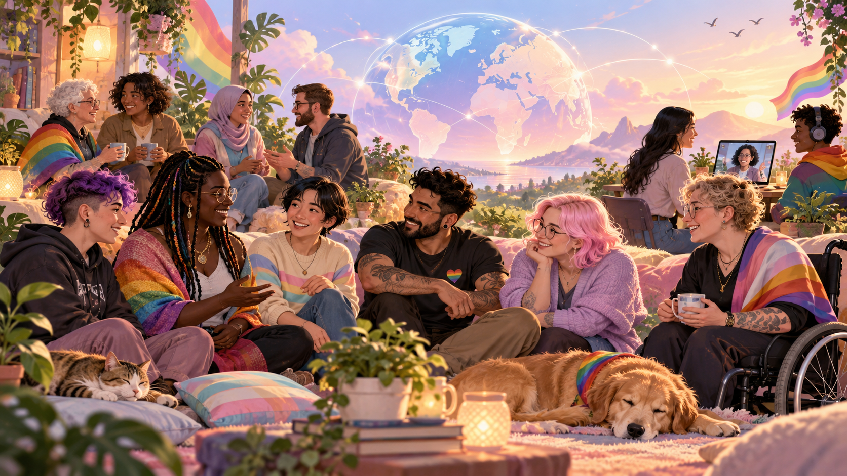 LGBTQIA+ people connecting through local and online community and peer support worldwide
