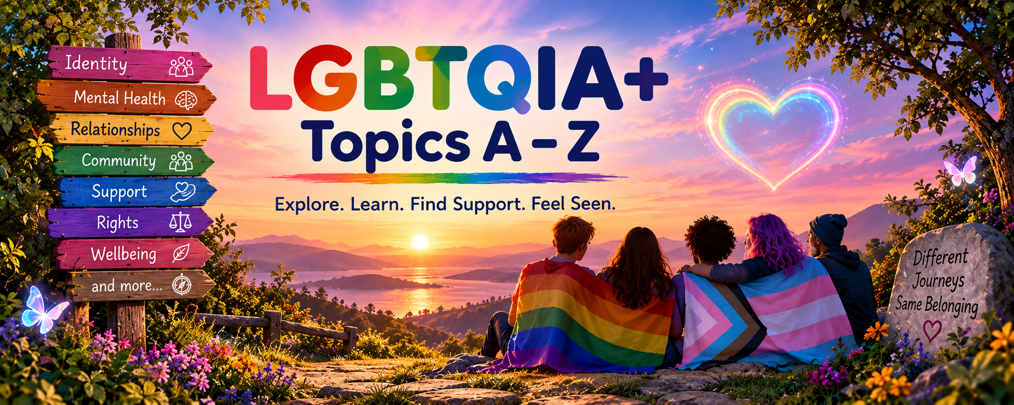 LGBTQIA+ Topics A–Z — identity, mental health, relationships, community, support, rights and wellbeing