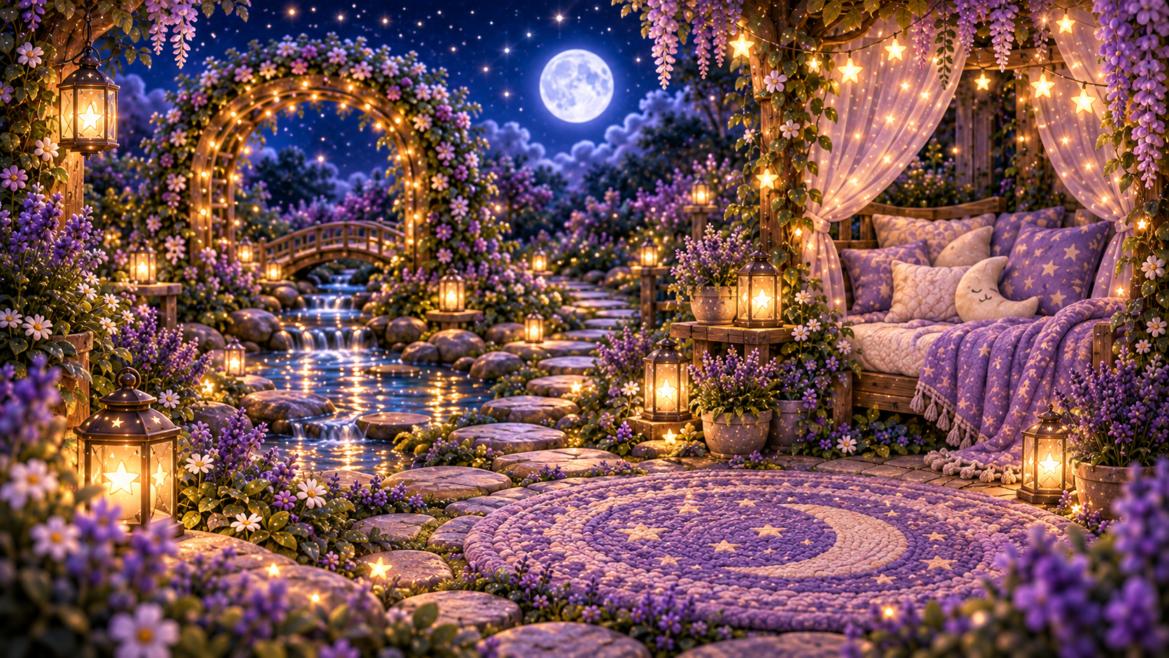 Luna Bunny’s Moonlight Rest Garden, a peaceful moonlit lavender garden with lanterns, a stream, soft bedding and a quiet resting nook.