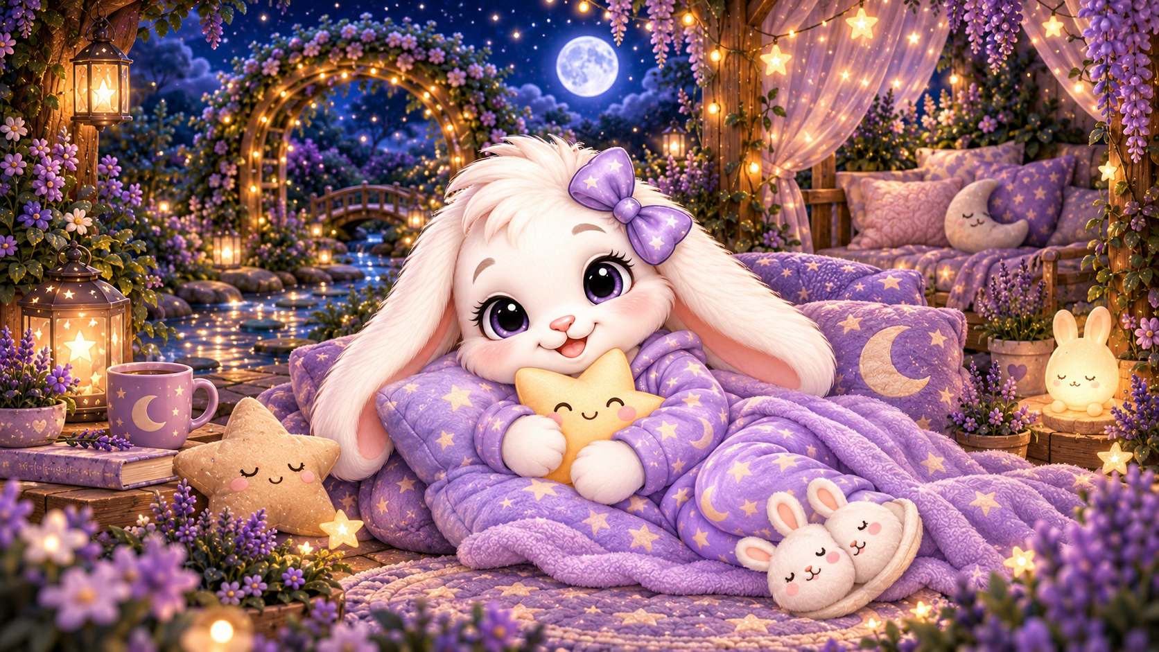 Luna Bunny resting in her moonlit garden, wearing lilac star-patterned sleepwear and bunny slippers while cuddling a glowing star.