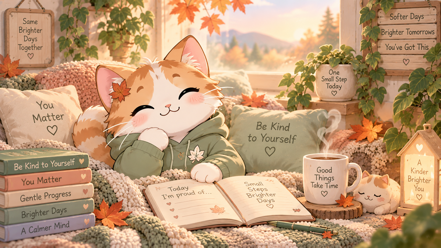 Maple Cat resting in a cosy autumn self-kindness space with gentle encouragement and reflection prompts.