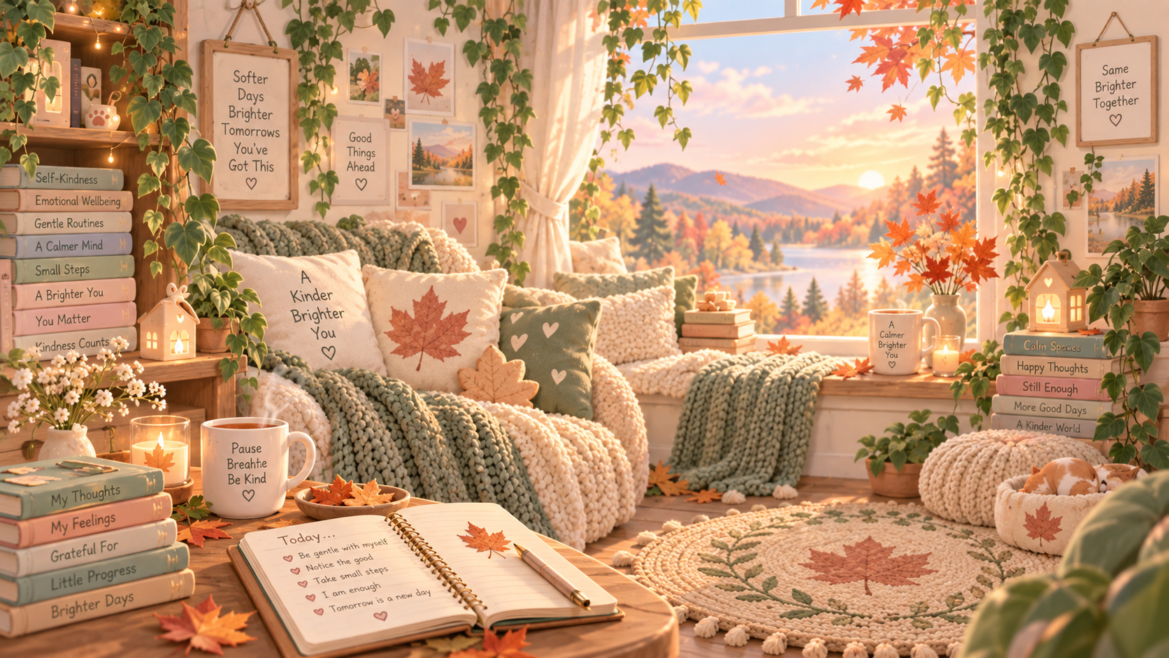 Maple Cat’s Encouragement Corner, a warm autumn-inspired room with cosy seating, kindness notes, self-care prompts and small-win reminders.