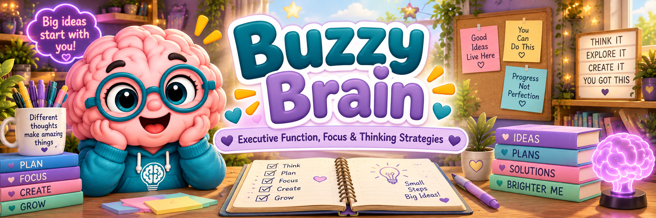 Meet Buzzy Brain, the Aspie Answers Companion for executive function, focus, working memory and thinking strategies.