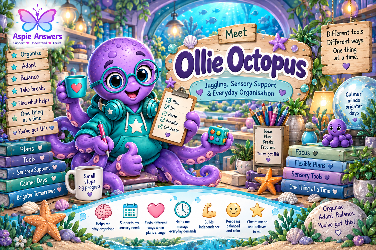 Meet Ollie Octopus, the Aspie Answers Companion for sensory support, organisation and everyday balance.