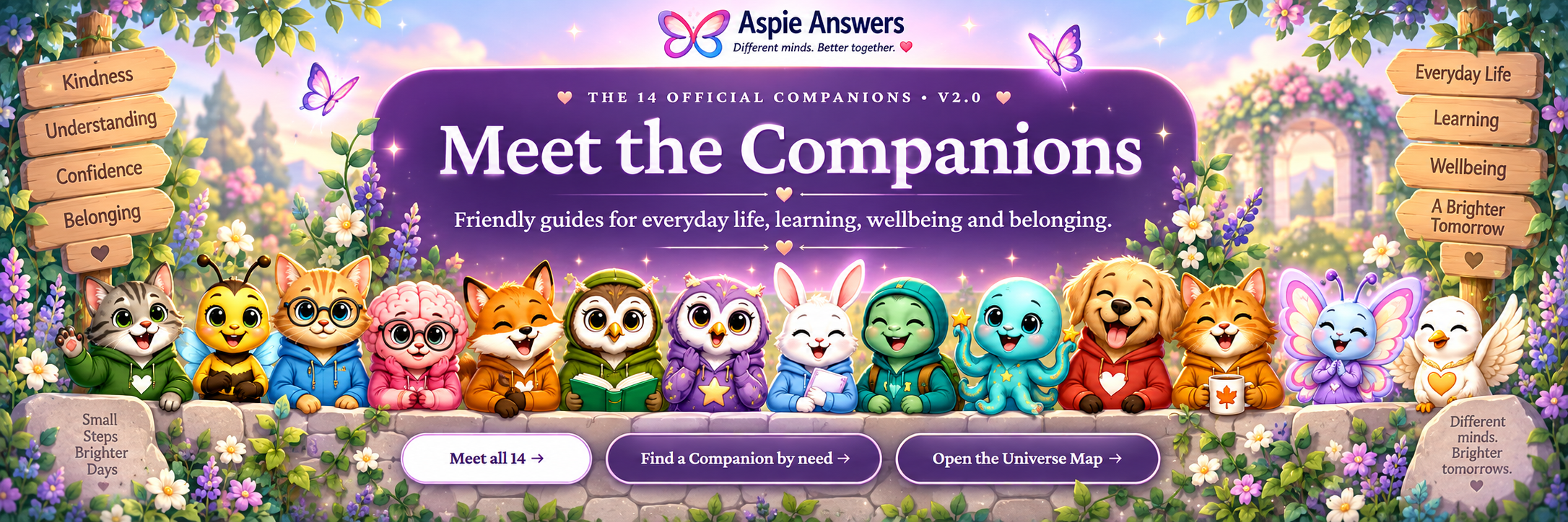 The fourteen official Aspie Answers Companions together in a welcoming garden scene.
