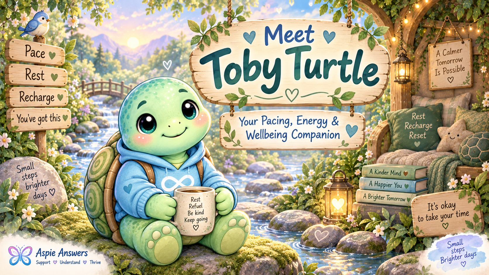 Meet Toby Turtle, the Aspie Answers Rest and Wellbeing Companion for pacing, energy and burnout prevention.