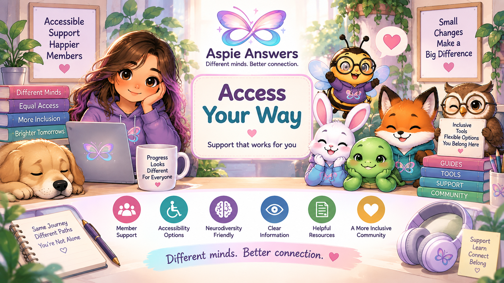 Illustration showing different ways to read, listen, focus and navigate the Aspie Answers Members Space