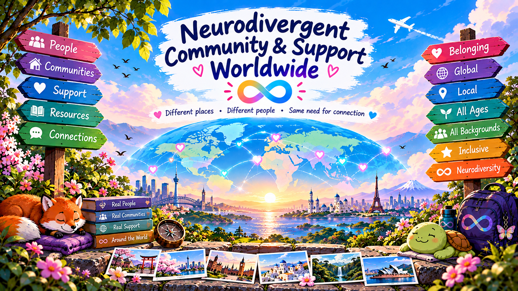 Worldwide neurodivergent community overview with a connected globe, global landmarks, support signposts and themes of belonging, inclusion and neurodiversity.