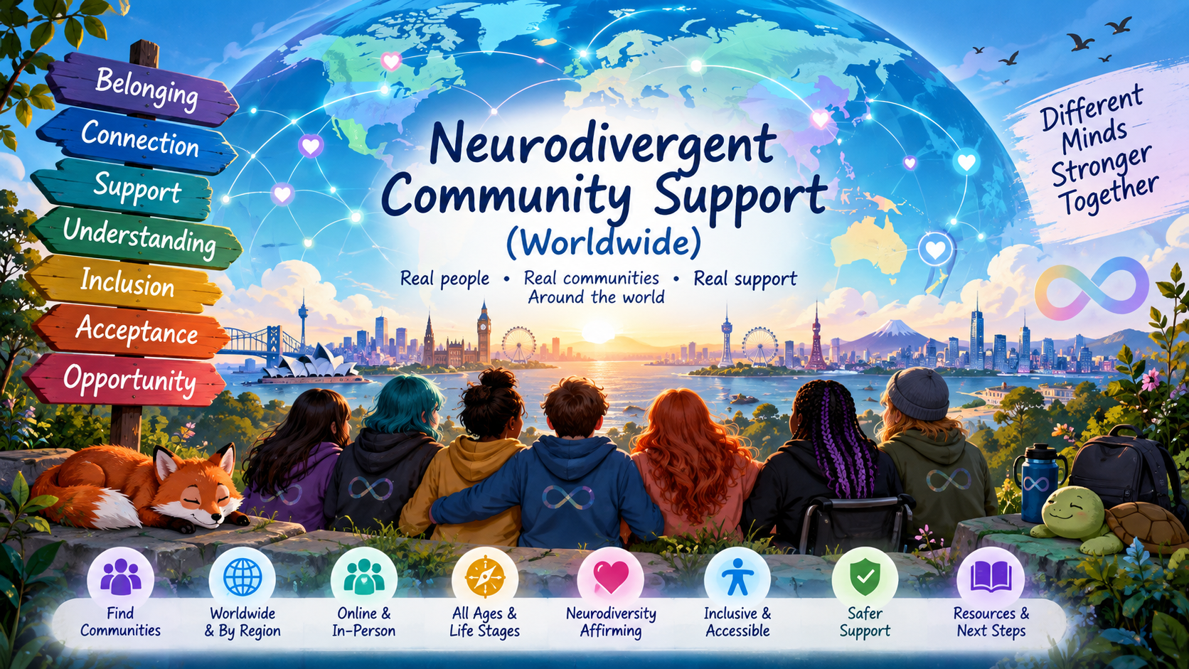 Worldwide neurodivergent community illustration showing diverse people, a connected globe, global landmarks and themes of belonging, connection, support, inclusion and acceptance.
