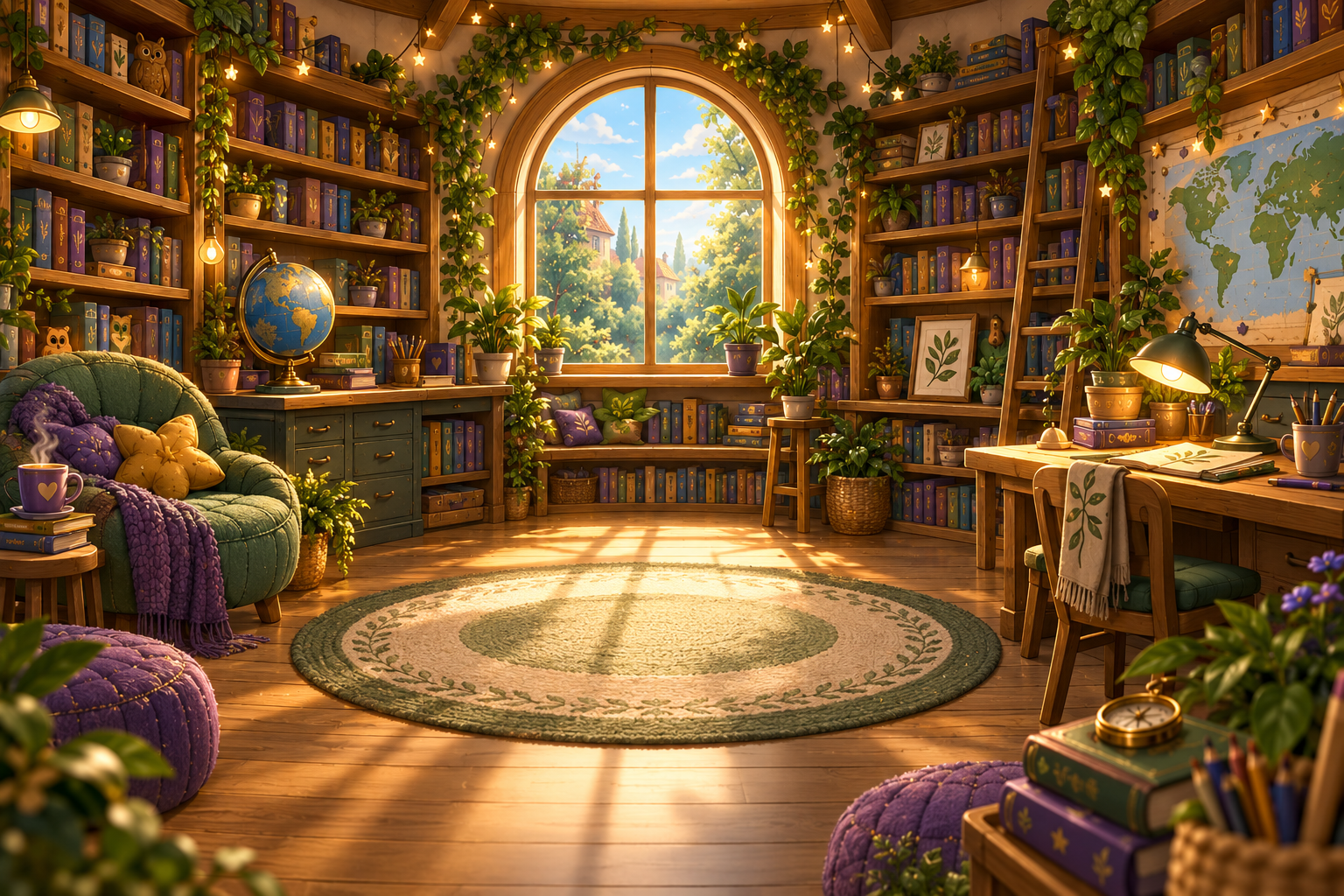 Olive Owl’s Learning and Discovery Library, a calm green-toned study environment for reading, research, questions and quiet focus.