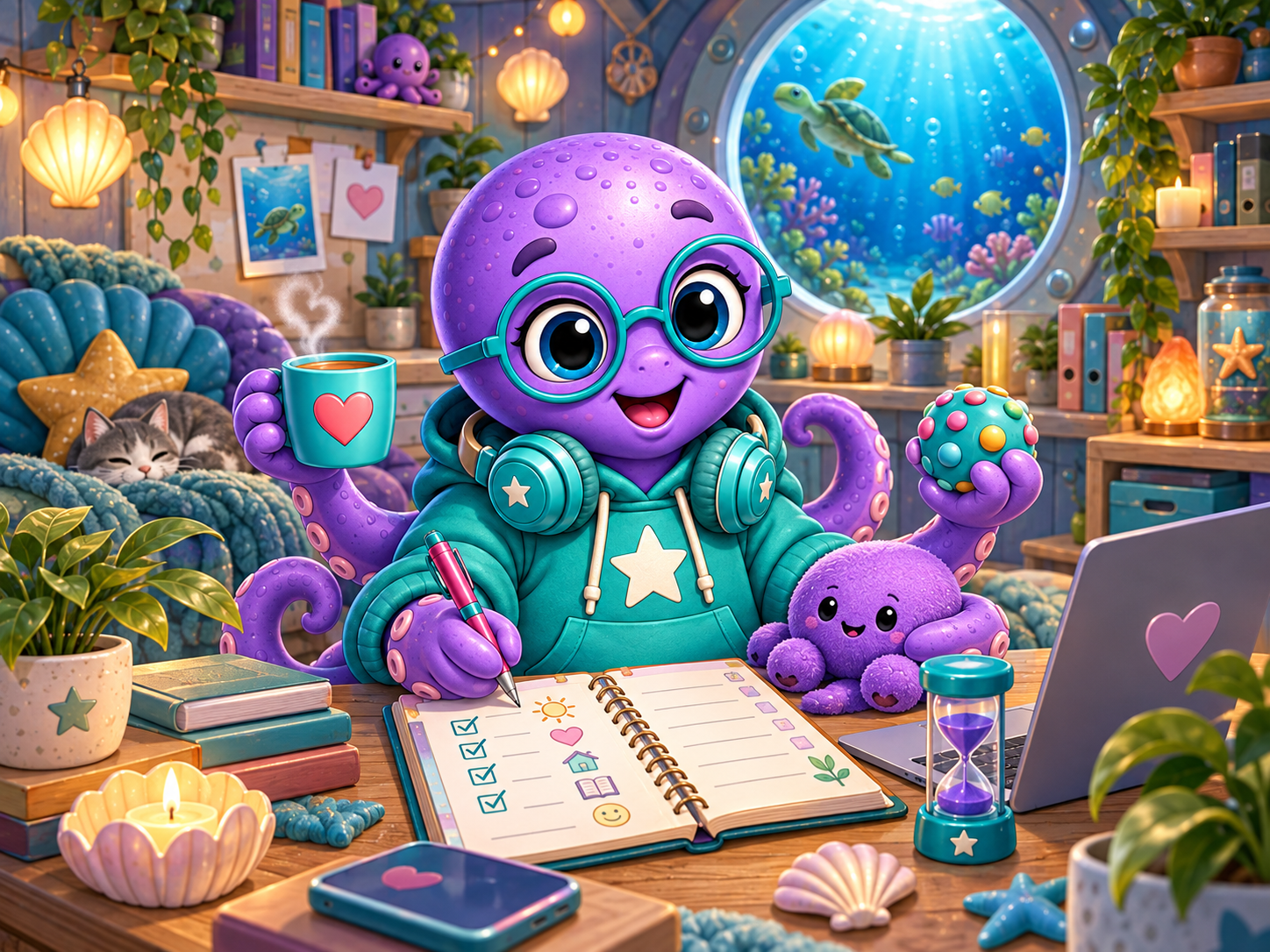 Ollie Octopus in a calm, organised ocean-themed support space showing sensory and everyday balance support.