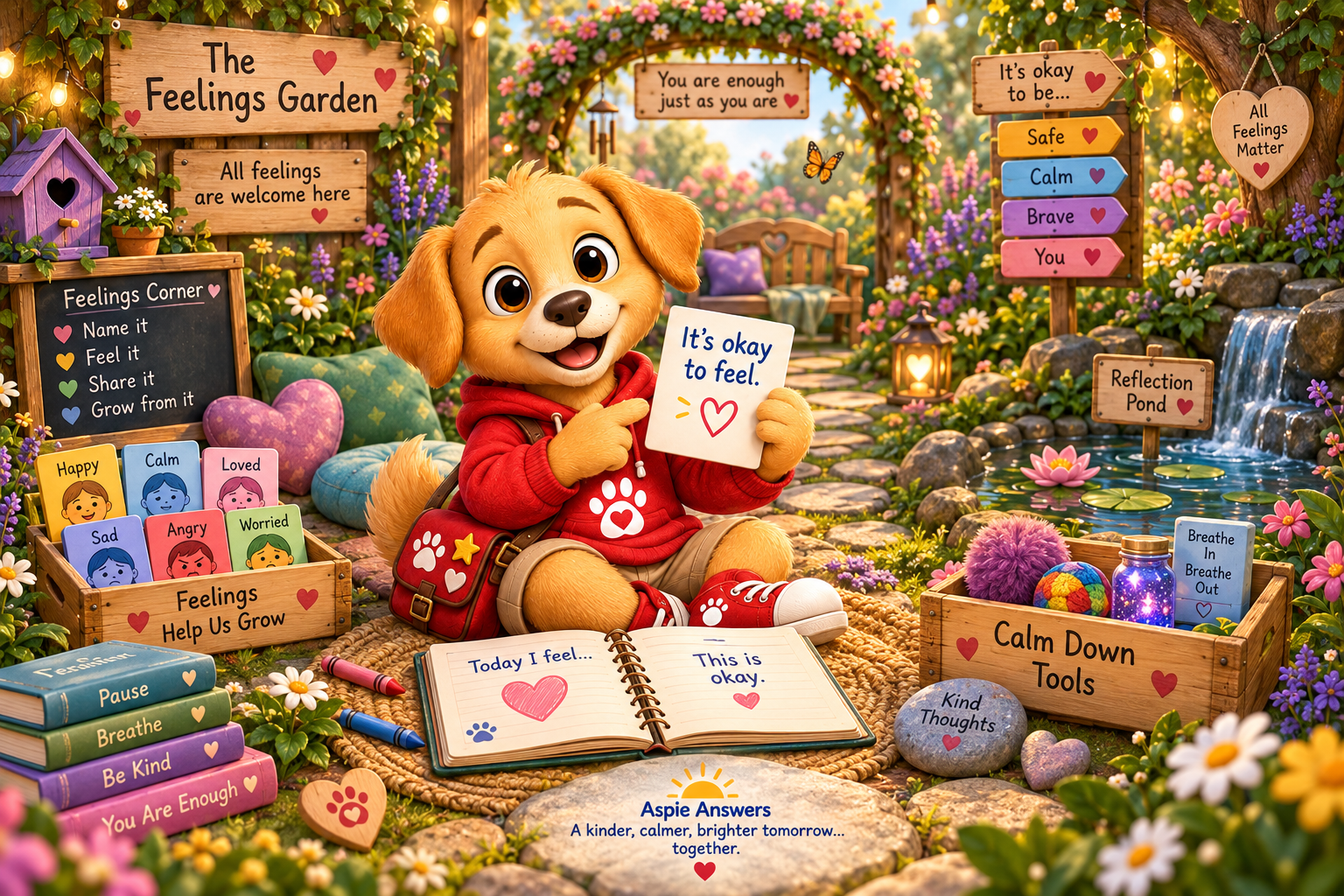 Scout, a golden-tan dog in a red hoodie, sitting in the Feelings Garden with emotion cards, calming tools and a reflection pond.