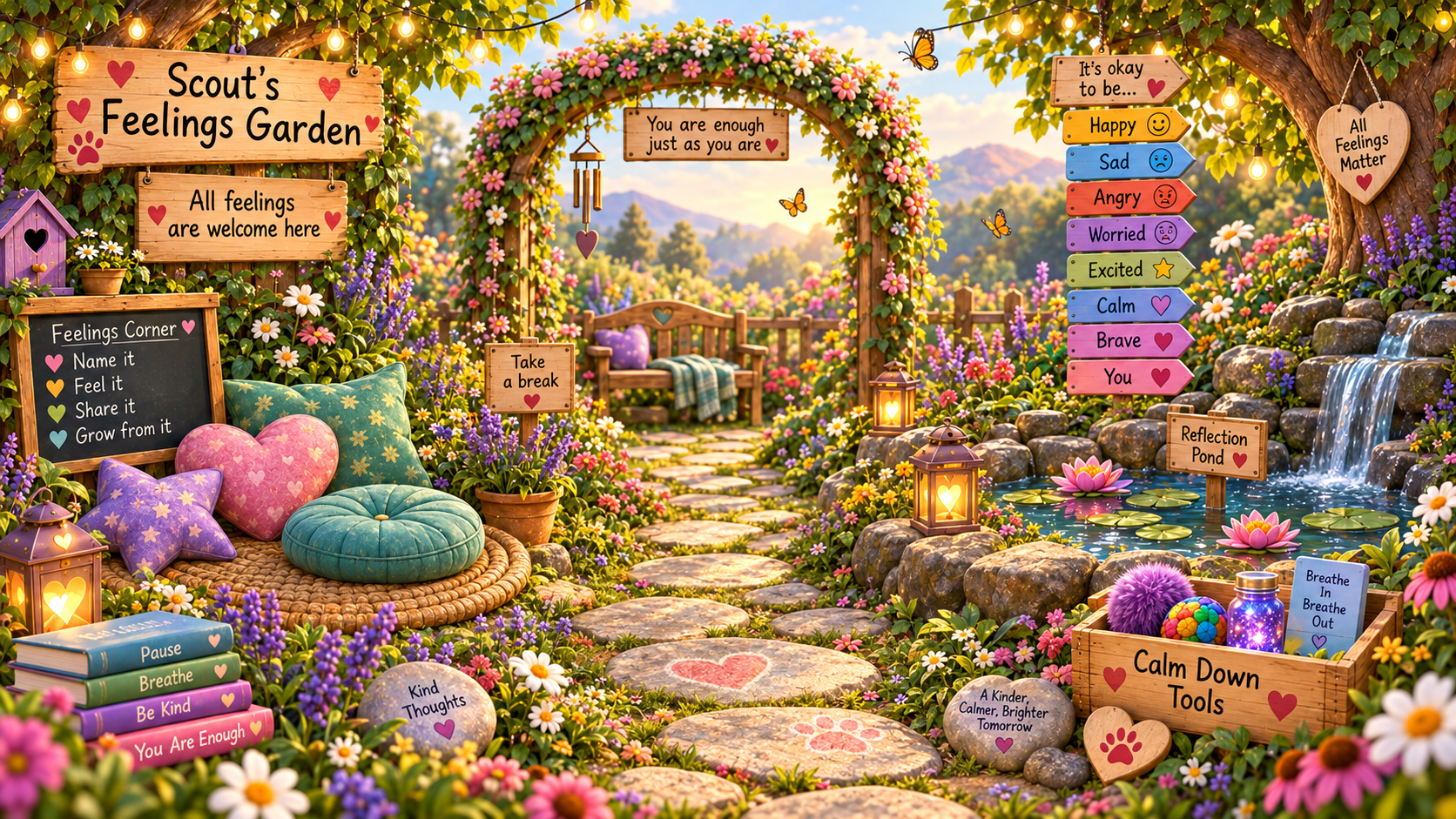 Scout’s Feelings Garden, a calm flower-filled environment with a feelings corner, reflection pond, calming tools and emotional check-in signs.