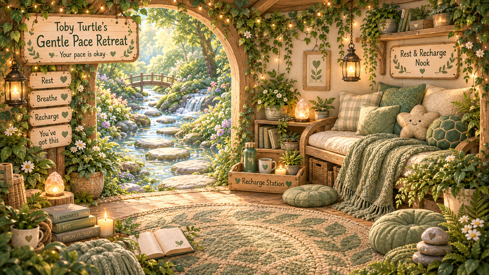 Toby Turtle’s Gentle Pace Retreat, a calm green nature space with a stream, resting nook, recharge station and gentle pacing reminders.