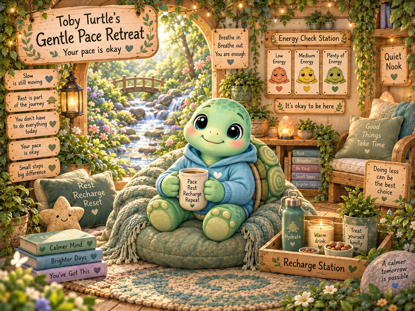 Toby Turtle resting in a gentle green nature setting, supporting pacing, energy awareness and recovery.