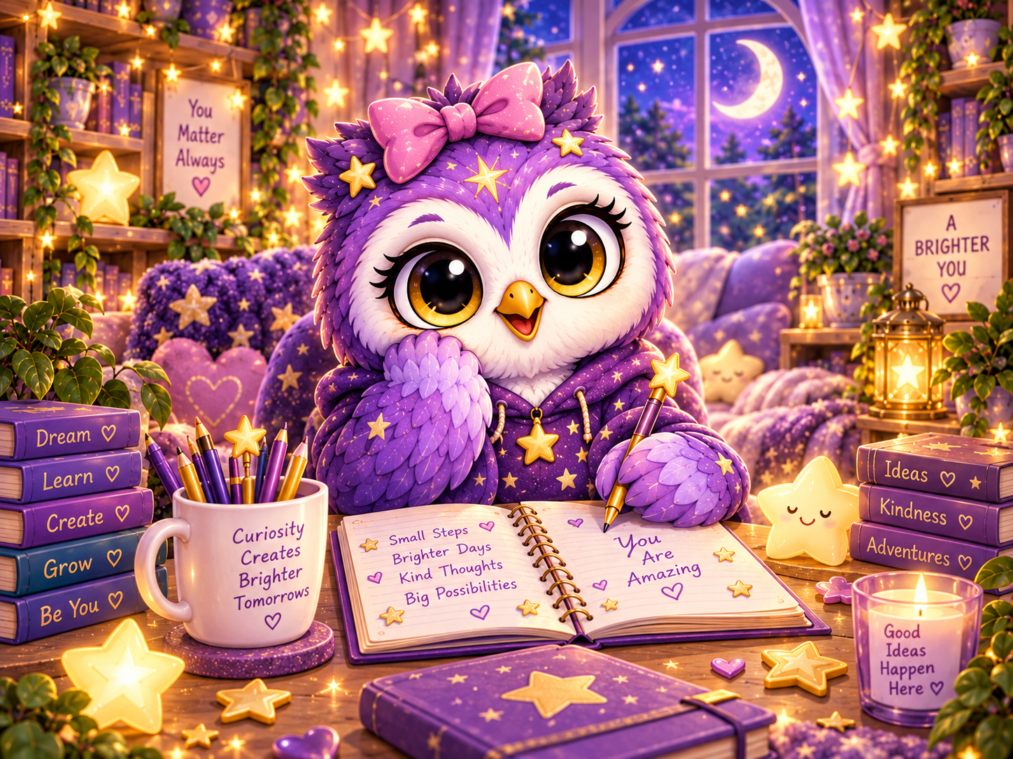Twinkle Owl in a warm starlight learning space with books, stars and a journal for creative learning and encouragement.