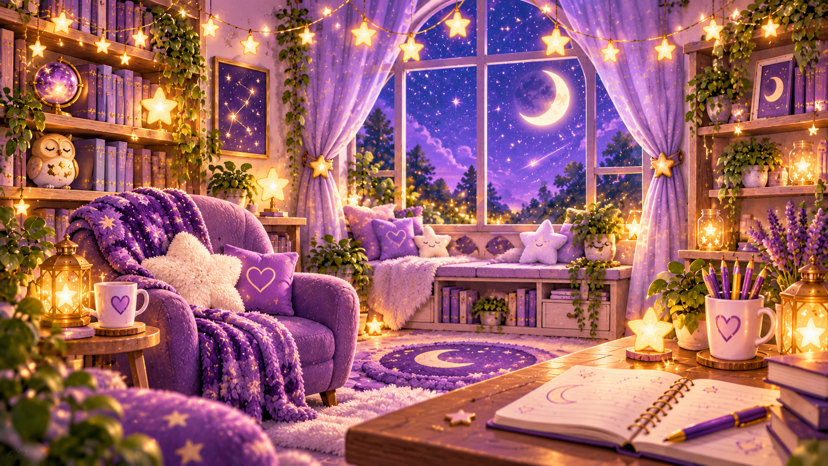 Twinkle Owl’s Starlight Study, a calm purple learning room with books, stars, a journal and a moonlit window.