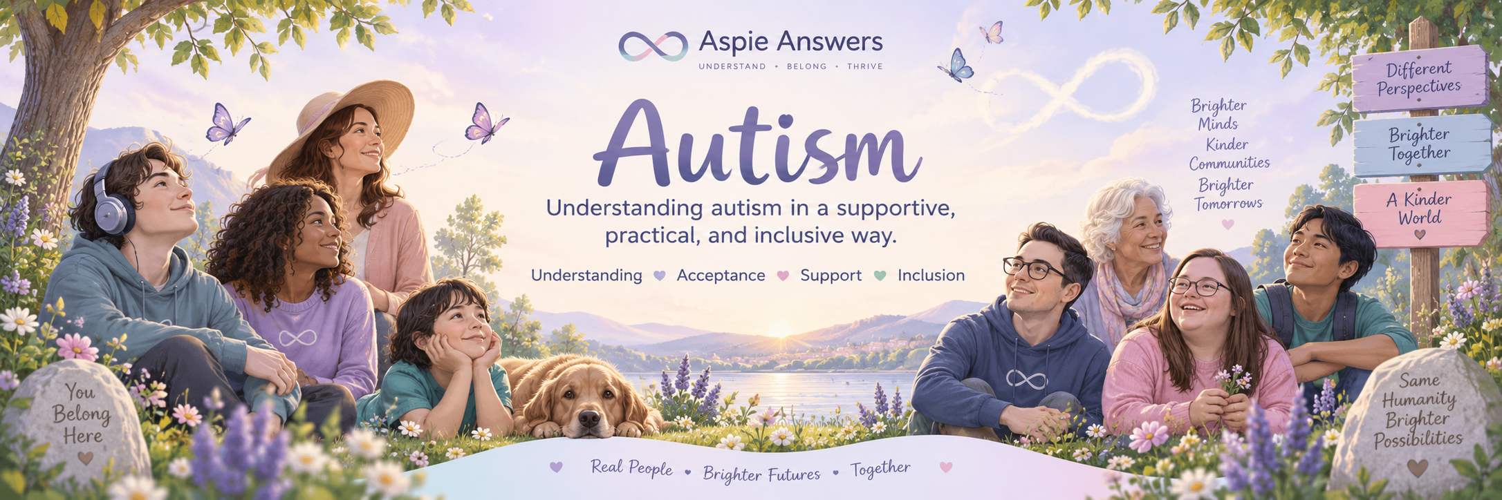 Autism banner for Aspie Answers showing a welcoming, supportive and inclusive autism-themed scene