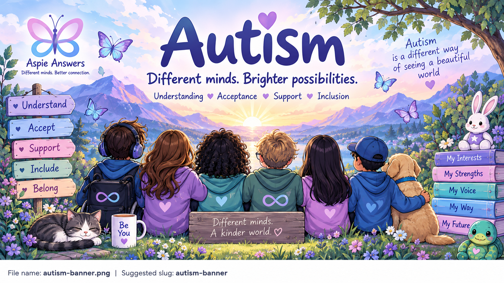 Aspie Answers illustration representing autism understanding, acceptance, support and belonging