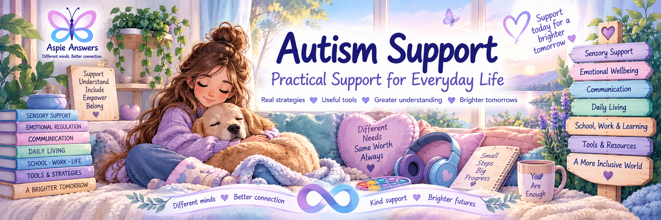 Aspie Answers Autism Support illustration representing sensory support, regulation and everyday wellbeing